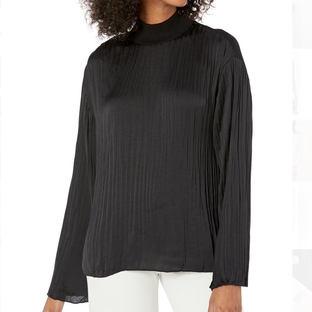 Vince - Rib Mock Neck Crush Satin Shell in Black Long Sleeve - Size M